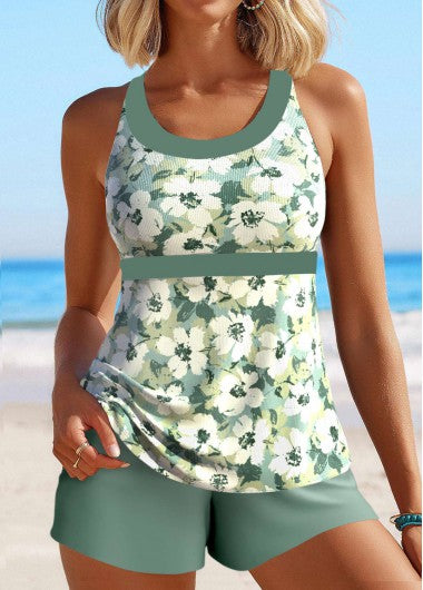 Modlily Circular Ring Floral Print Sage Green Tankini Set - XL