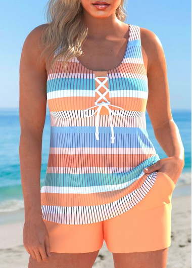 Modlily Lace Up Multi Stripe Print Orange Tankini Set - S
