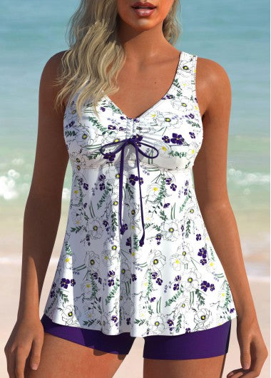 Modlily Ruched Floral Print Purple Tankini Set - XL