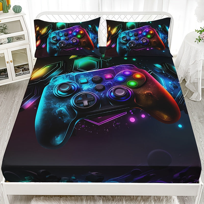 TEMU 3pcs Gaming Bedding Set - Dark & Gaming Bed Sheet With Controller Design, Soft Polyester Bedding For Pc, Ps4, One, Ps5, -s, Includes 1 Fitted