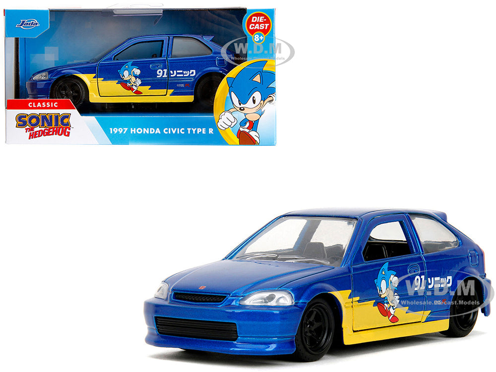 1997 Honda Civic Type R Blue Metallic with Graphics "Sonic the Hedgehog" (1991) Video Game "Hollywood Rides" Series 1-32 Diecast Model Car by Jada