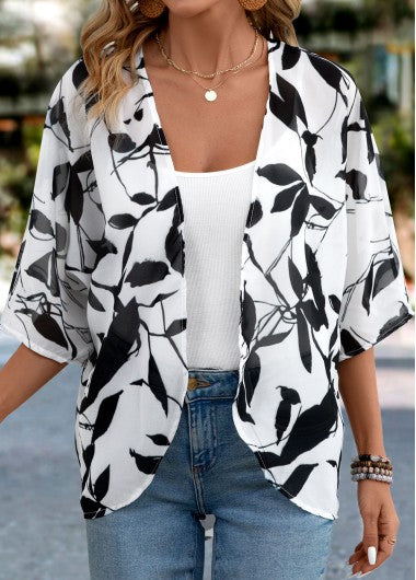 Modlily White Lightweight Leaf Print 3-4 Sleeve Light Cardigan - S