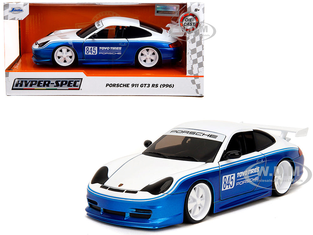 Porsche 911 GT3 RS (996) 845 White and Blue Metallic "Toyo Tires" "Hyper-Spec" Series 1-24 Diecast Model Car by Jada