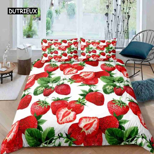 Strawberry Duvet Cover Set Girl King Size Comforter Cover Set Red Strawberry Bedding Set Food Fruit Quilt Cover for Kids GiftCL240716