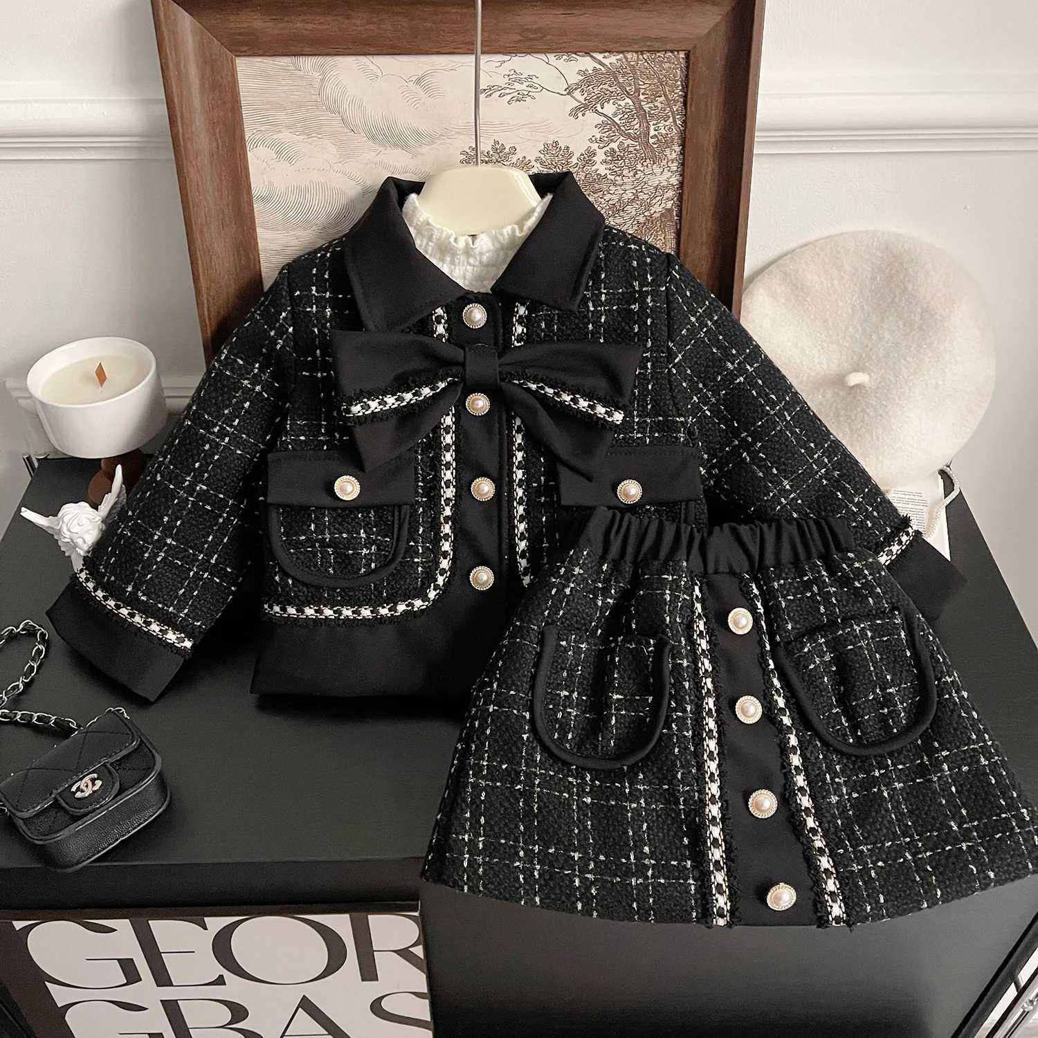 Clothing Sets Childrens clothing set plain weave bow jacket+skirt 2 pieces childrens clothing for girls 2 to 7 years old baby designer clothing Y241
