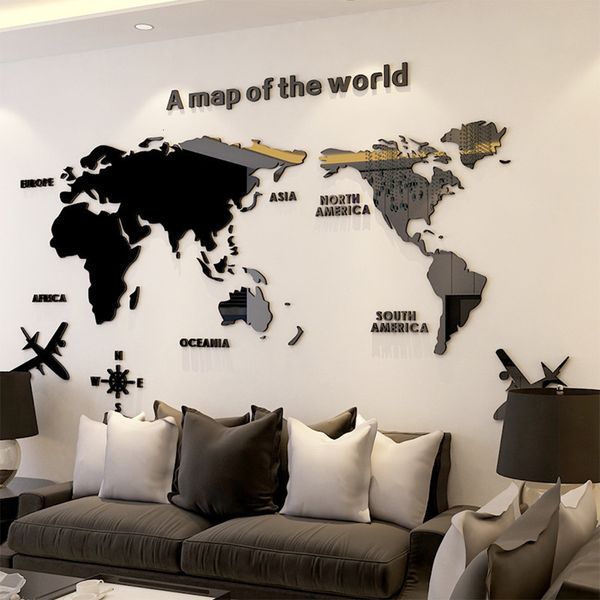 Wall Stickers World Map Wall 3D Acrylic Wall Sticker 3D Mirror Sticker Bedroom Office Background Wall Decoration Sticker 230410