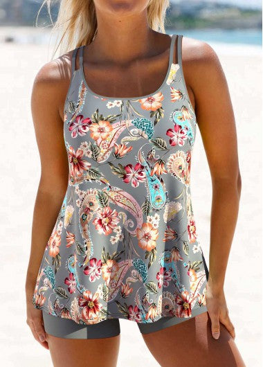 Modlily Patchwork Paisley Print Grey Tankini Set - XXL
