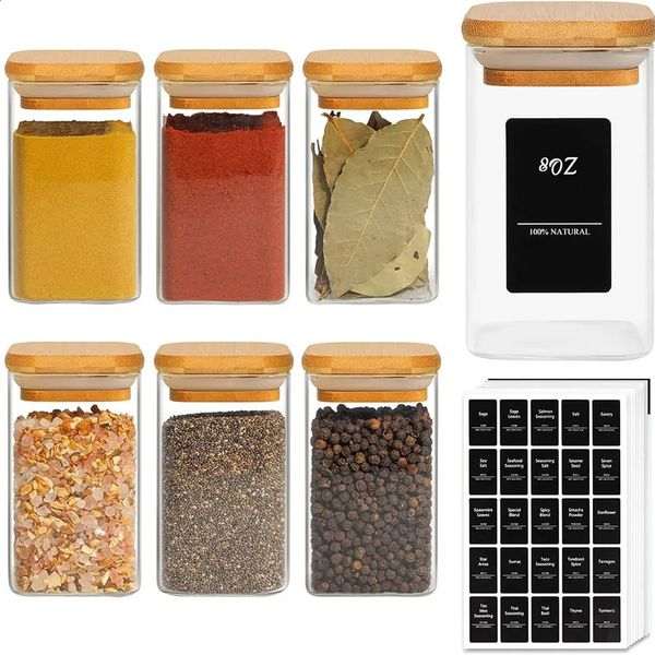 Glass Spice Jars with Bamboo Lid 8oz Airtight Square Containers black labels Empty Seasoning for Salt Sugar 241223