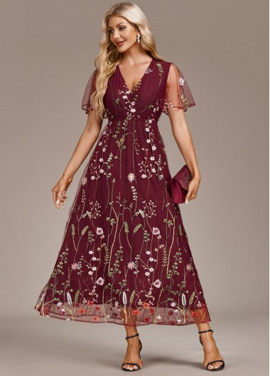 Modlily Wine Red Embroidery Short Sleeve V Neck Dress - XL