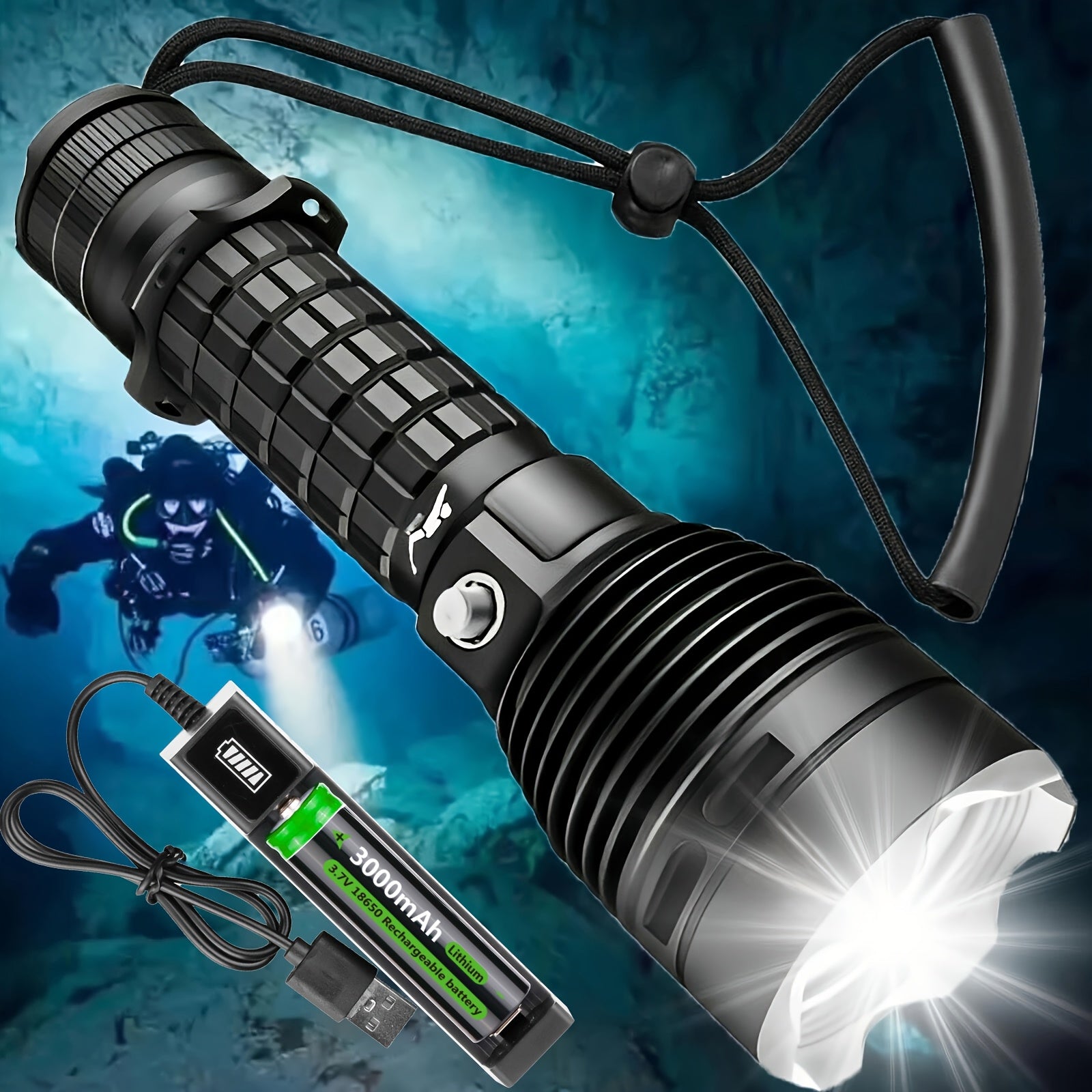 TEMU 1pc High Xhp70.2 Diving Flashlight, 3modes Scuba Diving Light Underwater Torch With 18650 Battery & Usb Charger For Outdoor