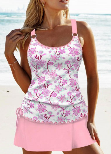 Modlily Circular Ring Floral Print Pink Tankini Set - XXL