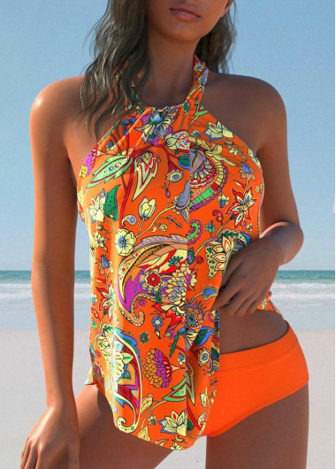 Modlily Twist Floral Print Orange Tankini Set - S