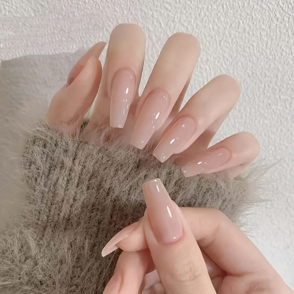 TEMU 24pcs Women's Long Trapezoidal Nude -on Nails - Clear Tip & Solid Color French Tip Design, Ice Transparent Pink Tones, Glossy Detachable Fake