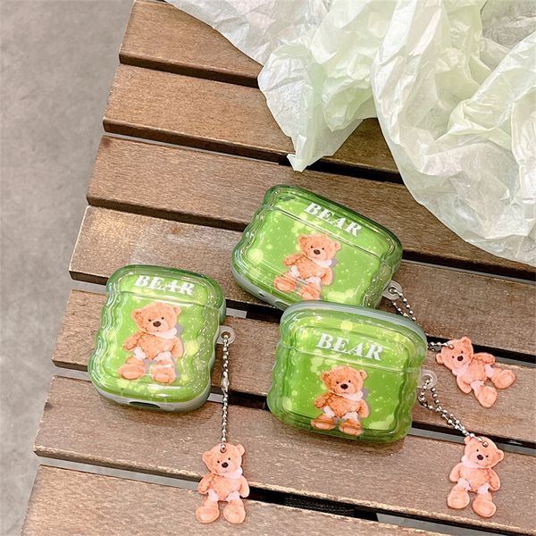 ddmygifts Green background teddy bear suitable for Pro2 Bluetooth wireless headphone case, 1st-2nd-3rd generation pendant, wave soft