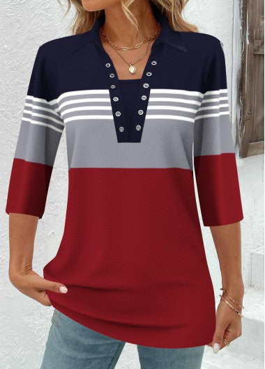 Modlily Wine Red Patchwork Plus Size Striped 3-4 Sleeve Blouse - 2X