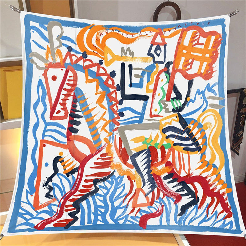 Silk Scarf Women Line Graffiti Horse Printing Square Scarves Head Echarpes Silk Foulards Fashion Femme Wraps Beach Shawls Bandana Lady Hijabs 90CM X
