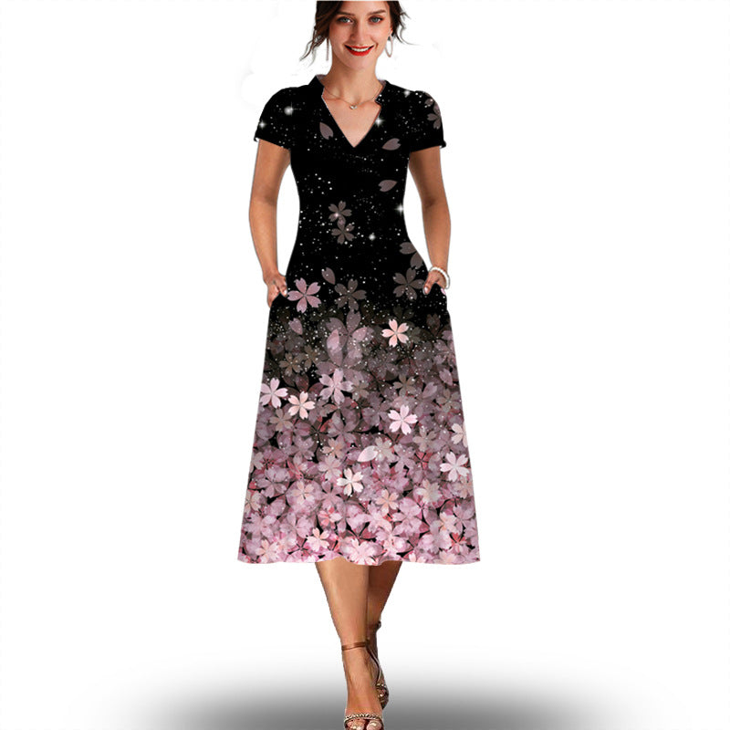 B382 New European and American women&#039;s clothing V-neck short-sleeved mid-length skirt Printed large swing dress
