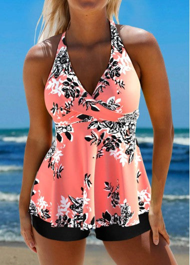 Modlily Criss Cross Floral Print Coral Tankini Set - XXL