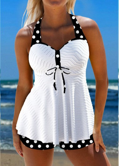Modlily Jacquard Polka Dot White Tankini Set - XXL