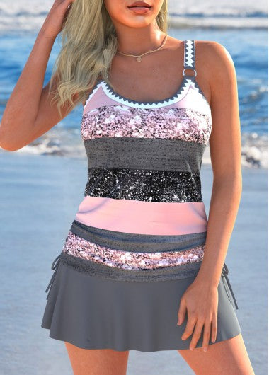 Modlily Drawstring Multi Stripe Print Dark Grey Marl Tankini Set - XL