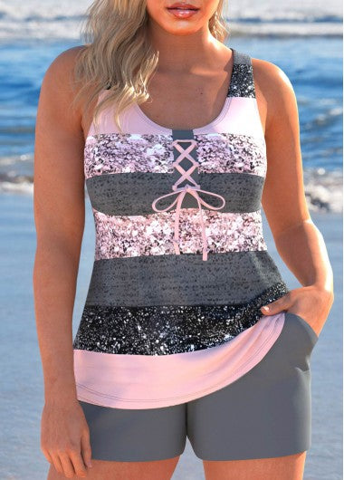 Modlily Lace Up Multi Stripe Print Grey Tankini Set - XL