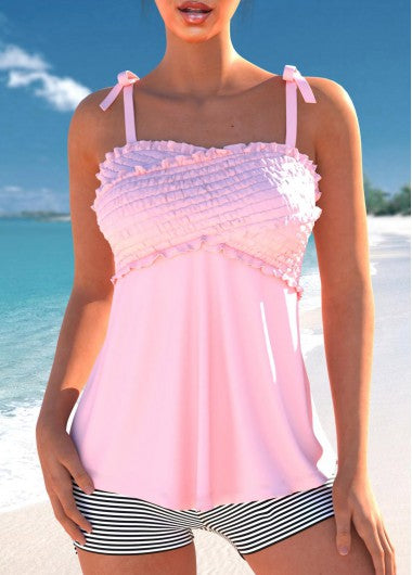 Modlily Bowknot Patchwork Striped Pink Tankini Set - XXL