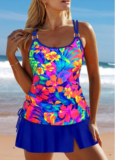 Modlily Criss Cross Floral Print Royal Blue Tankini Set - M