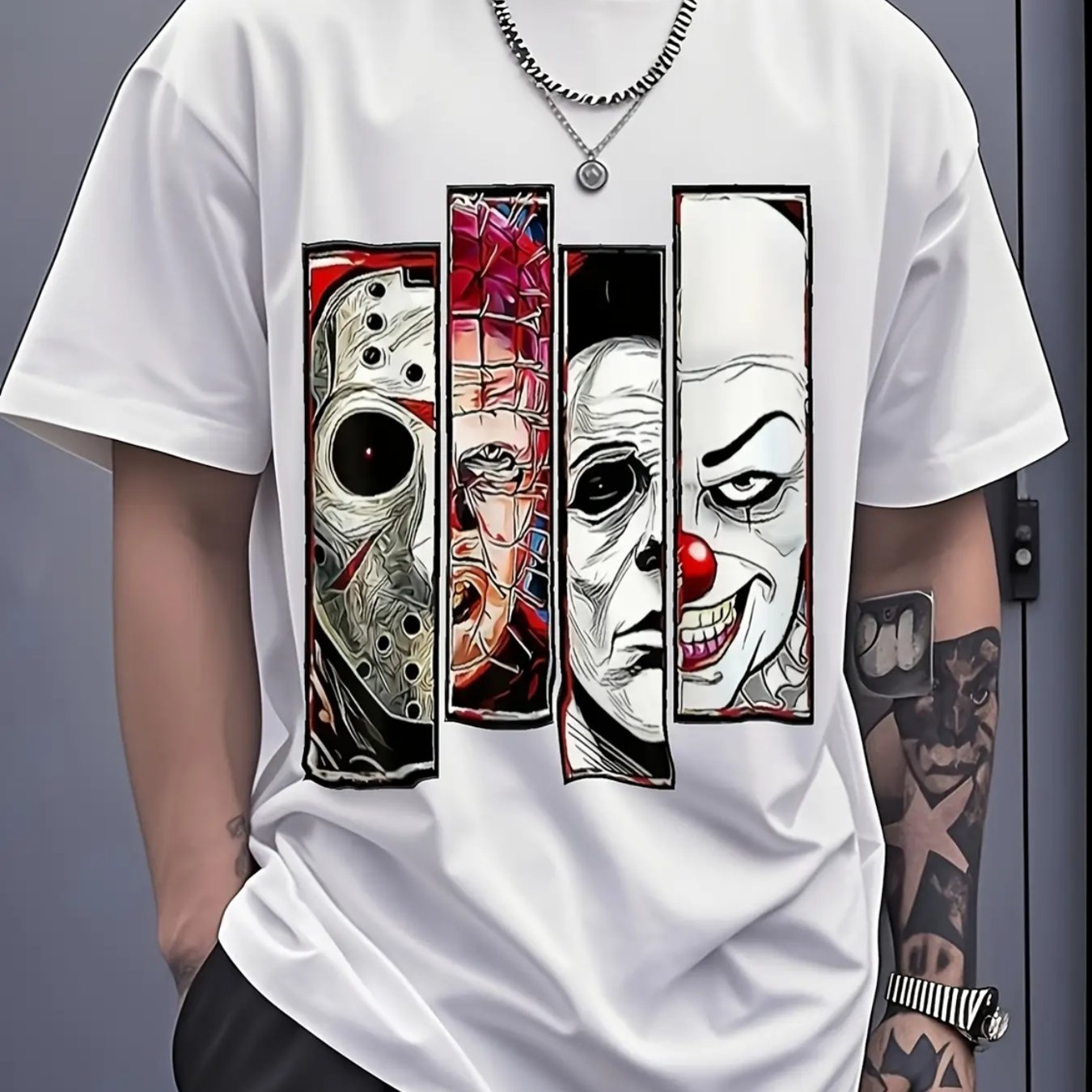 TEMU Men's Anime Horror Icons Graphic T-shirt - , & Print - 100% Cotton Casual Streetwear Round Neck Short Sleeve Tee For Spring Summer Casual Wear &