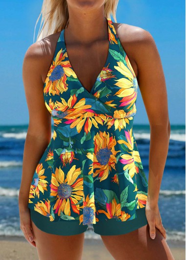 Modlily Criss Cross Floral Print Blackish Green Tankini Set - L