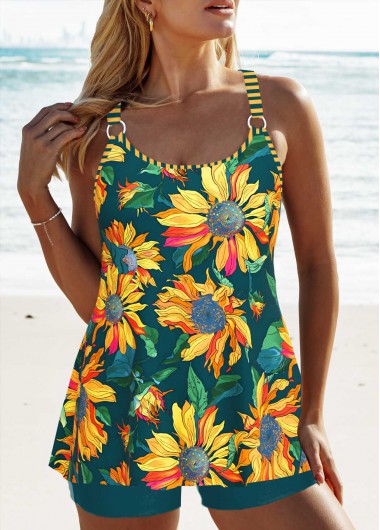 Modlily Circular Ring Floral Print Blackish Green Tankini Set - M