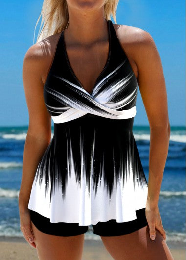 Modlily Surplice Ombre Black Tie Back Tankini Set - XXL