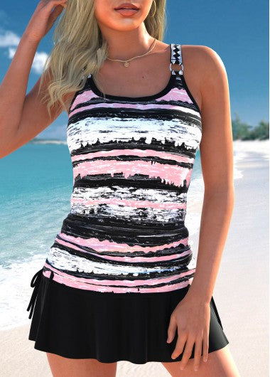 Modlily Drawstring Scoop Neck Striped Black Tankini Set - M
