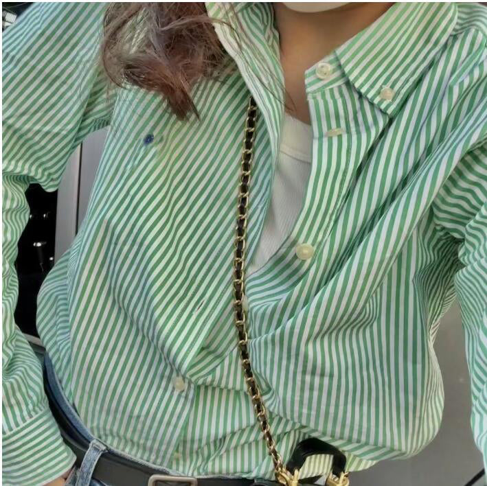 American Design polos striped shirts for women&#039;s fashion loose versatile pony embroidered high version temperament Blouses Shirt