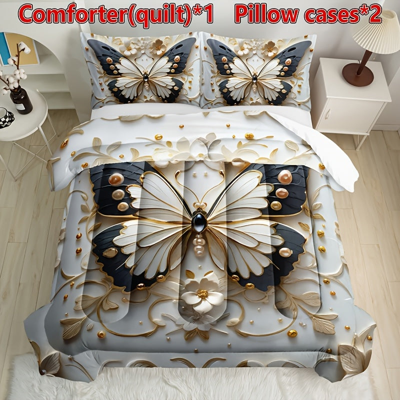 TEMU 3pcs Halloween Gift Purple Love Flower Quilt Set(1 Comforter+2 Pillowcases Without Pillow Core), Contains Padding 180gsm Quilting Soft Digital