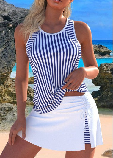 Modlily Cut Out Striped Navy Tankini Set - XL