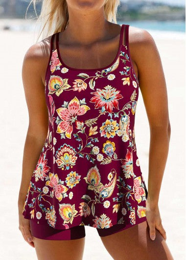 Modlily Lightweight Random Floral Print Dark Reddish Purple Tankini Set - M