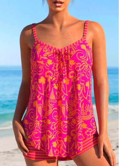 Modlily Bowknot Graffiti Print Hot Pink Tankini Set - S