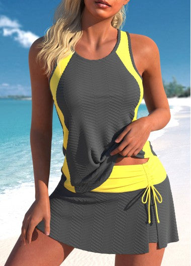 Modlily Cut Out Grey Drawstring Tankini Set - M