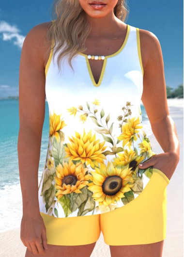 Modlily Cut Out Floral Print Light Yellow Tankini Set - M
