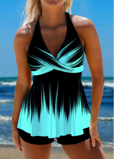 Modlily Surplice Ombre Cyan Tie Back Tankini Top - S