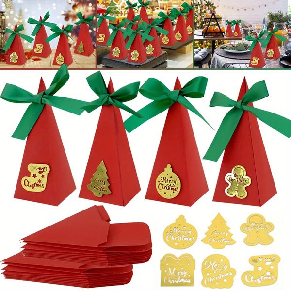 20Pcs Christmas Gifts Boxes Paper Snack Packaging Box Triangle Xmas Goodies Treat for 2024 Navidad Party Favors Supplies 250113