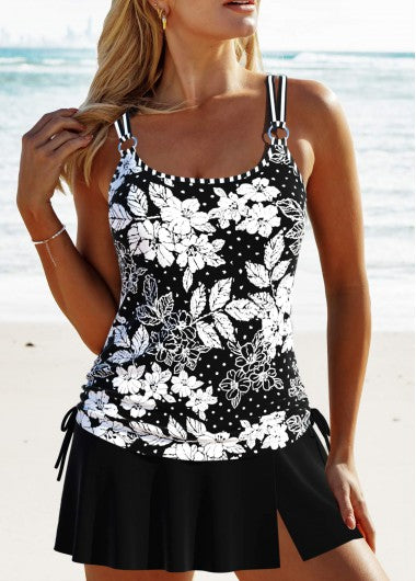 Modlily Circular Ring Floral Print Black Tankini Set - M