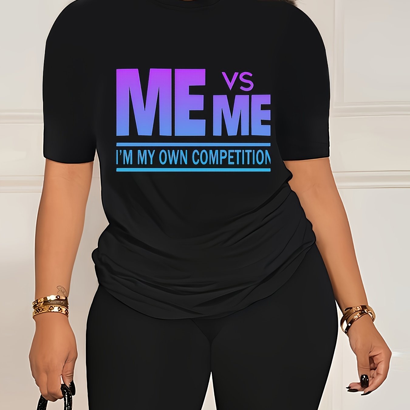 TEMU Women's "" Graphic T-shirt - Gradient Letter Print,, Machine Washable, Casual Fit, Everyday, Beach, Or Street Style, In Regular, Large, Extra