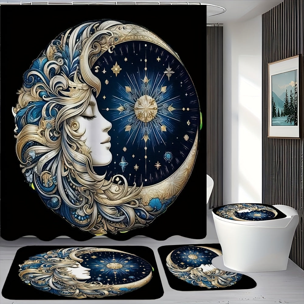 TEMU 1-4pcs , Moon Sun Pattern, Shower Curtain Set With 12 Hooks, Non Slip Floor Mat, Bathroom U-shaped Mat, Toilet Seat Mat, Bathroom Sets Full Set,