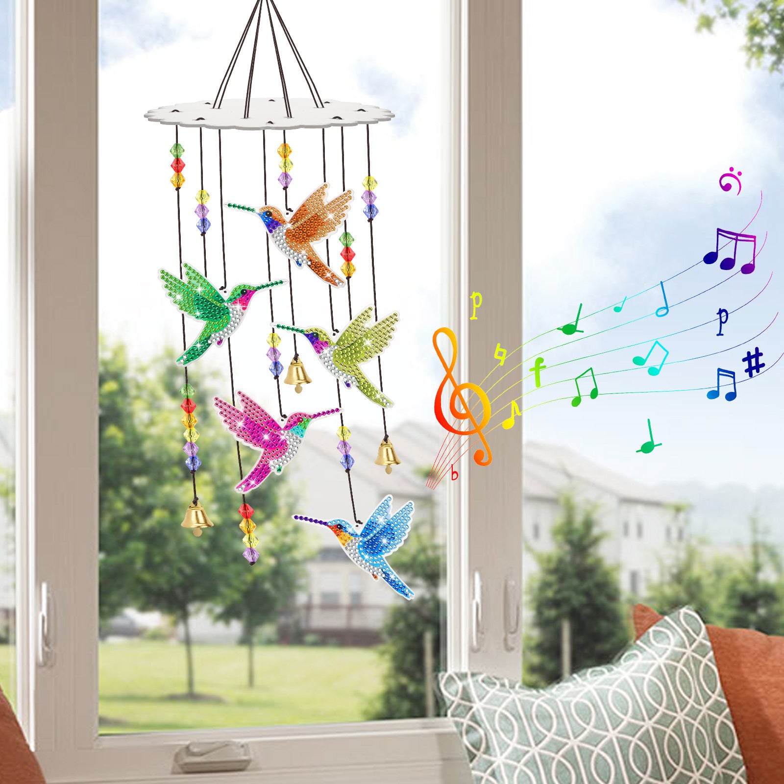 TEMU Bird Diamond Painting Wind Chimes Kit, Diy Double Sided Pendant, Sun Hanging Decoration For Yard