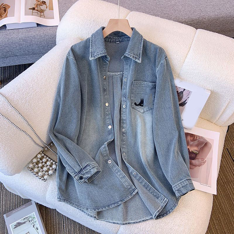 Women&#039;s Blouses Embroidered Denim Shirt Jacket for Women&#039;s Retro Spring Loose Fitting Mid Length Slimming Casual Top