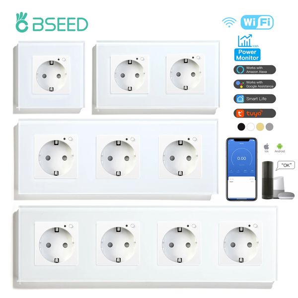 BSEED Wifi Sockets EU Wall Socket Smart Tuya Electric Sockets Power Monitor Google Smart Life Alexa Voice Control Glass Panel 250106