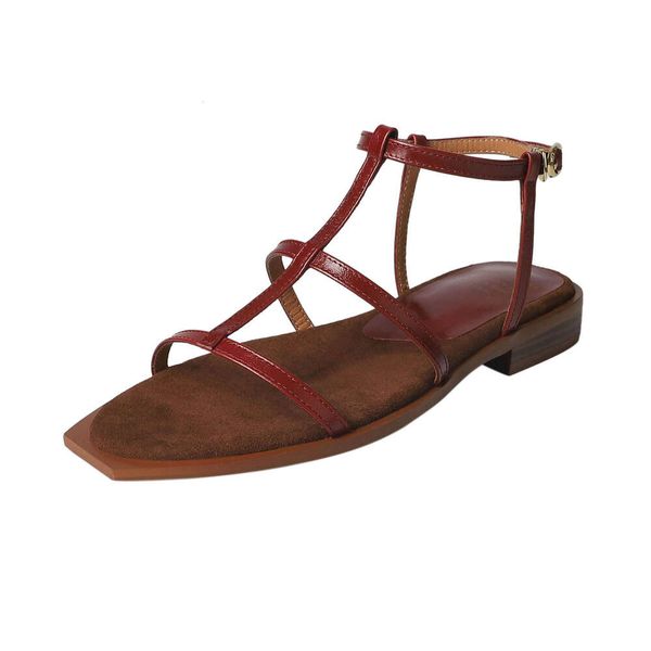 Free Shipping Cow Leather Summer Shoes Chunky Heels Dating Office Lady Dress Elegant Brand Ins Concise Women Sandals