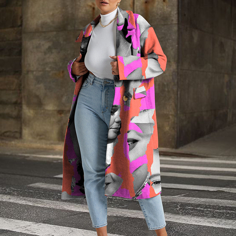 Women&#039;s Wool Women Autumn Winter Long Coats Outerwear Fashion Print Turn-Collar Sleeve Overcoat Elegant Office Ladies Cardigan Tops 2022