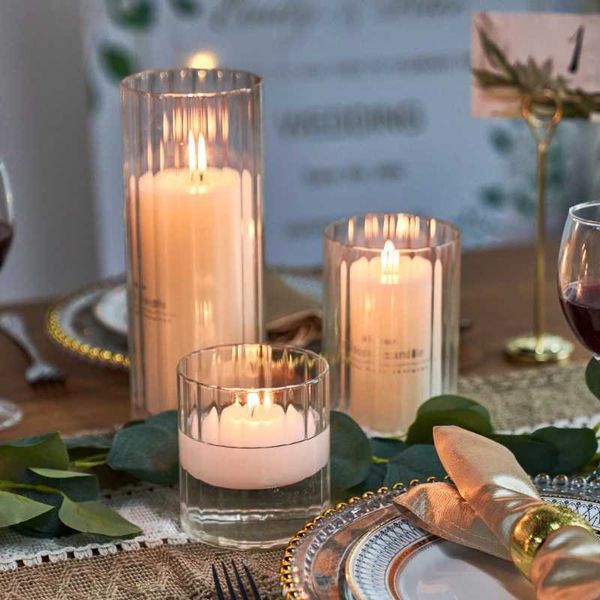 Candle Holders Ribbed Cylinder Glass Candle Holder Home Decor Pillar Candles Glass Vase Floating Candle Wedding Ornaments Tealight Candlesti